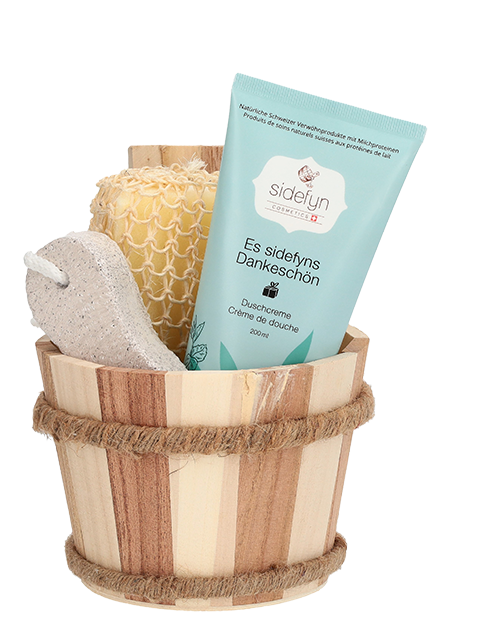 Geschenkset Holzkübel mit Duschcreme Es sidefyns Dankeschön